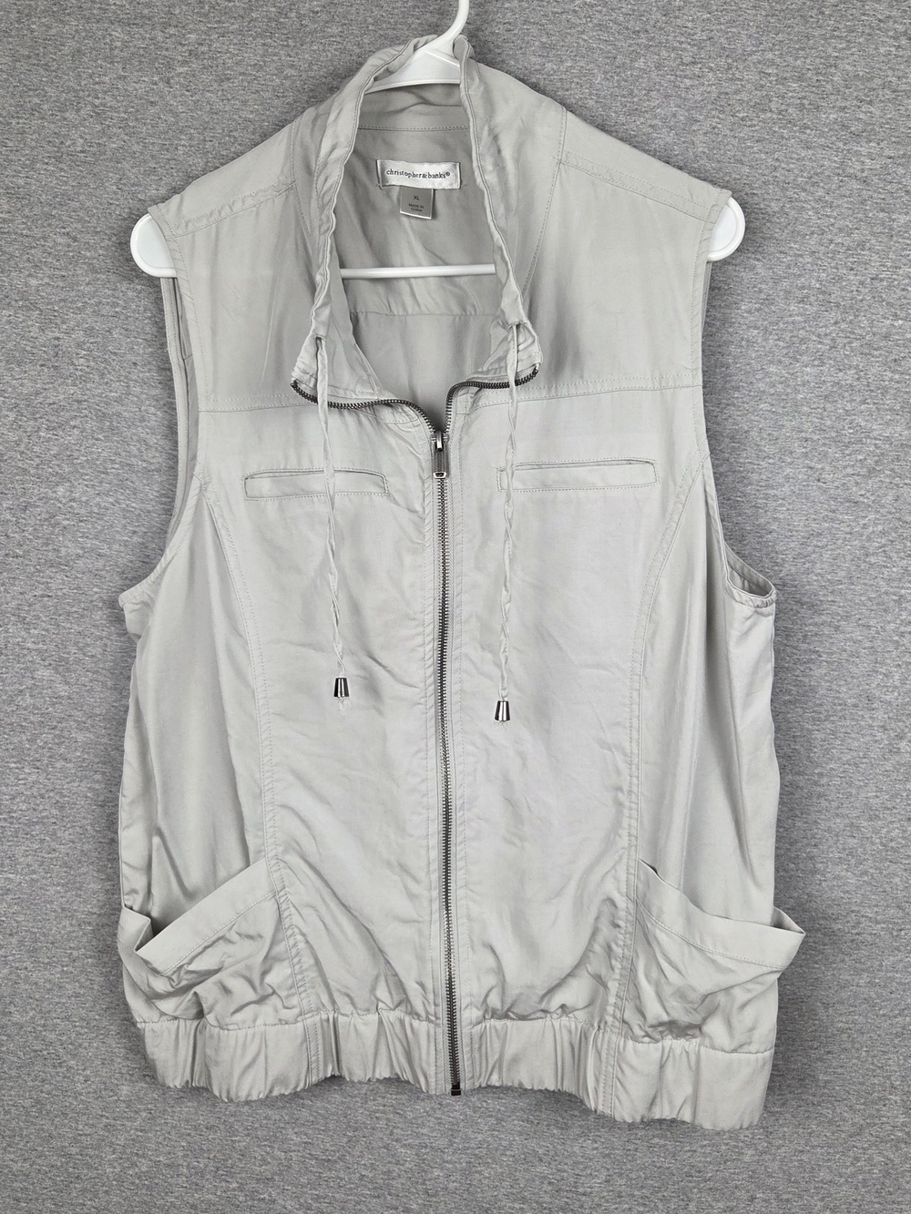 Women's Christopher & Banks Beige Sleeveless, Zip-Front, Drawstring Vest XL